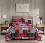 MINCHI Lodge Quilt King Size Rustic Cabin Bedding Red Black Buffalo Plaid Patchwork Bedspread Coverlet with Pillowshams (Red Black, King)