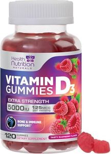 Health Nutrition Naturals Vitamin D3 Gummies 5000IU (125mcg), D Immune Support Gummy, Delicious Raspberry Flavor, Gluten Free Vegetarian GMO-Free Chewable - Bone for Adults, Men, Women 120
