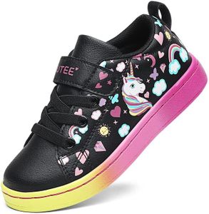 GEERX Toddler Girl Shoe Lightweight Casual Adjustable Strap Cute Unicorn Sneaker Comfortable for Walking Running (Infant/Toddler/Little Kid), Black Fuchsia, 5 Toddler