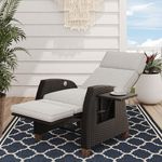 Grand patio Recliner Sun Lounger Wicker Adjustable Position Backrest Armchair with Flip Table and Cushion Lounge Chair Sun Lounger for Garden, Yard, Patio, Outdoor - Beige Cushion & Brown Wicker