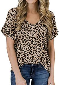 MIHOLL Women's Short Sleeve V-Neck Shirts Loose Casual Tee T-Shirt (Khaki, Small)