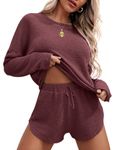 Ekouaer Womens Waffle Knit Pajama Sets Long Sleeve Top and Shorts Matching Lounge Set Sleepwear Loungewear Sweatsuit with Pockets Burgundy Medium