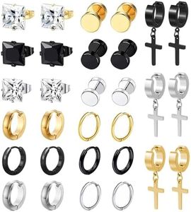 BVLAGIDA 15 Paires Boucle d'Oreille Homme, Acier Inoxydable Boucles d'Oreilles, Noir Argent Gold Clous d'Oreilles, Boucle d'Oreille Créole, Boucles d'Oreilles Faux Plug pour Homme Femme