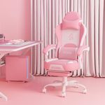 PZDO Pink Gaming Chair,High Back Computer Chair with Footrest, Kawaii Gaming Chairs for Girls Adults Women Kids, Pink Reclining Chair with Bunny Ear & Lumbar Support, Gift(Pink-White)