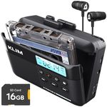 KLIM K7 Cassette Tape Player with F1 Earphones - Cassette to MP3 Converter - Portable - Tape Recorder with Built-in Microphone & Speaker - Rechargeable Battery - Earphones - 16GB SD Card - Black