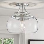 WUZUPS Chandelier Rustic Farmhouse Industrial Round Semi-flushmount Ceiling LED Light Fixture with Clear Glass Shades for Bathroom Kitchen Foyer Entryway, H 11.8" x W 13.4", E26 Base, Brushed Nickel