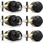 Probrico Entry Door Knobs Lock Set and Single Cylinder Deadbolt Combination Set, Flat Black (3 Pack) Keyed Alike