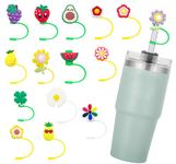 15Pcs Silicone Straw Cover Cap for Stanley Cup, Straw Topper Fit for 10 mm/0.4In Straw, Food Grade Silicone Dust-Proof Drinking Straw Tip Lid,Reusable Cute Flower and Fruit Straw Protector