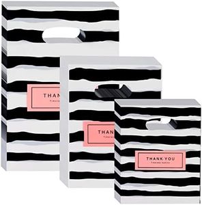 300 sacchetti di plastica per tende, con parola grazie, 3 misure sacchetti della spesa riutilizzabili con manici sacchetti della spesa pieghevoli per feste, regali, boutique- bianco e nero