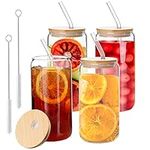 Bossjoy 4pc Set Drinking Glasses with Lids and Glass Straw, 16oz Glass Cups, Iced Coffee Cups Reusable Drinking Glasses Beer Can Glasse, Glass Tumbler Cup Ideal for Whiskey, Soda, Tea, Water, Gift