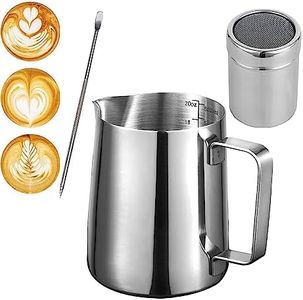 Milk Frothing Pitcher 20oz/600ml, Stainless Steel Creamer Cup, [ 16 Coffee Stencils + Latte Art Pen ], Powder Shaker for Making Coffee Cappuccino Hot Chocolate Machine