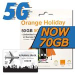 Orange Holiday Europe Prepaid SIM Card 28 Days Now 70GB Internet Data of 5G/4G LTE (Data tethering Allowed) + 120min International Calls + 1000 Texts