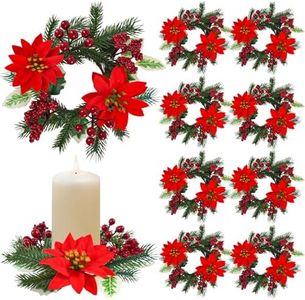Caplidou 8 Pcs Christmas Candle Rings, Small Christmas Candle Wreath with Artificial Poinsettias Red Berries Mini Candle Wreaths Rings for Pillars Cabinets Table Centerpieces Windows Kitchen Decor