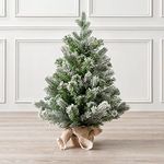 CHRISTOW Artificial Mini Christmas Tree with Snow, 2ft / 60cm Flocked Miniature Tabletop Spruce, Small Indoor Home Desk Table Xmas Decoration, Natural Looking PVC & PE Needles, Hessian Wrapped Base