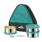 MILTON Trident Stainless Steel Lunch Box (3 Leak Proof Round Containers, 320 ml Each, 1 Spoon) with Insulated Jacket, Aqua Green | Tiffin | Food Grade | Easy to Carry | Odour Proof