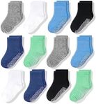 CozyWay Non-Slip Crew Grip Toddler Socks, 12 Pack for Boys, Black/White/Gray/Aqua Blue/Sky Blue/Lime Green, 3-5 Years Old