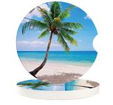 Car Drinks Coasters Set of 4 Pack Coconut Palm Tree Sandy Beach Hawaii Absorbent Ceramic Stone Blue Yellow Coaster with A Finger Notch for Easy Removal from Auto Cupholder