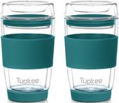 Tupkee Double Wall Glass Tumbler - 8-Ounce, All Glass Reusable Insulated Tea/Coffee Mug & Lid, Hand Blown Glass Travel Mug - Cyan - 2 Pack