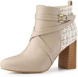 Allegra K Women's Plaid Pointed Toe Crisscross Strap Block Heels Beige Ankle Boots 7 M US