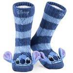 Disney Women's Slippers Socks Fluffy Slipper Socks (Blue Stripe Stitch)