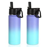 Volhoply 18oz Insulated Water Bottle Bulk 2 Pack,Kids Stainless Steel Water Bottles with Straw Lid,Double Wall Vacuum Metal Thermos,Wide Mouth Reusable Sports Flask For Cold Drink(Purple Blue,2 Set)