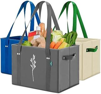 Green Bulldog Reusable Grocery Bags - Heavy Duty, Foldable, Space Saving Tote Shopping Bags - Box Bag w/Straps And Handles (Set of 3) - Gray, Taupe, Blue