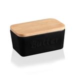 Sweejar Porcelain Butter Dish with Lid, Airtight Large Butter Keeper with Wooden Lid, Butter Container Perfect for 2 Sticks of Butter West or East Coast Butter(Black)