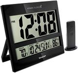 Sharp Atomic Clock - Never Needs Setting! - Jumbo 3" Easy to Read Numbers - Indoor/Outdoor Temperature Display with Wireless Outdoor Sensor - Gloss Black