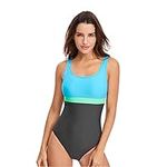 Womens One Piece Swimsuit Tummy Control Swimming Costume Slimming Monokini Push Up Swimwear Splicing Striped Sports Scoopback Bathing Suit with Removable Foam Cups Athletic Padded Swimsuits