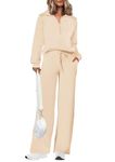 PRETTYGARDEN Women's Fall Two Piece Outfits Half Zip Sweatshirt Tops And Palazzo Pants Sweatsuit Sets (Beige,Small)