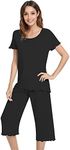 NACHILA Bamboo Pajamas for Women Soft Pajama Sets Short Sleeve Sleepwear Top with Capri Pants Pjs Plus Size Loungewear S-4X, A-black, XX-Large