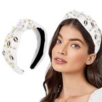 PALAY® Wide Headband for Women Fashion Football Headband Pearl Jeweled Knot Hairband Rugby Embellishments Elegant Headbands Sports Fan Gifts - White