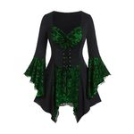 Gothic, Halloween Clothes For Women,Gothic Fancy Tops Costumes For Women Goth Witch Tunic Blouse Tops Puff Sleeve Waist Court Shirts Tops Elegant Party 3/4 Sleeve Cosplay Corset Bustier Green M