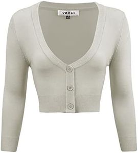 Women's Cropped Bolero Cardigan – 3/4 Sleeve V-Neck Basic Classic Casual Button Down Knit Soft Sweater Top (S-3XL) Light Grey