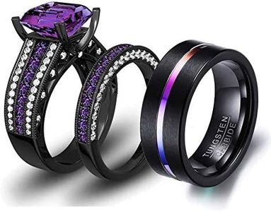 LOVERSRING 3pc Two Rings His and Hers Couple Rings Bridal Sets His Hers Women Black Gold Plated Purple Cz Man Tungsten Carbide Wedding Ring Band Set, women's size 8 & men's size 11, Paper, Agate