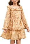 GRACE KARIN Girls Floral Dress Long Sleeves A-Line Casual Dress Square Neck Double Hem Midi Dress for Kids Girl 6-12 Y, Yellow, 10-12 Years