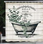 Ambesonne Farmhouse Shower Curtain, Vintage Style Bathtub and Eucalyptus Branches on Rustic Wooden Planks, Cloth Fabric Bathroom Decor Set with Hooks, 69" W x 70" L, Laurel Green Off White