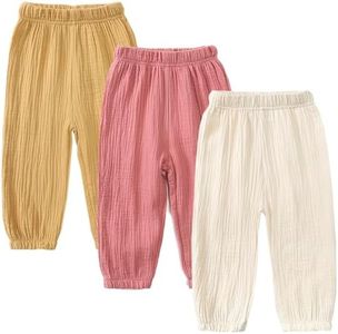 GFQLONG Toddler Baby Girls 3 Pack Elastic Waist Trousers Soft Cotton Linen Harem Bloomers Summer Fall Long Pants,Pink&Yellow&White,4-5T