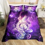 Erosebridal Music Notes Bedding Set Queen,Musical Theme Duvet Cover Gold Shiny Pattern Comforter Cover,Kids Adult Soft Microfiber Fashion Bedding Quilt Cover Decorative 3 Piece,Purple