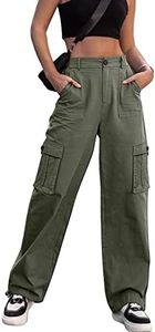 ZMPSIISA Women High Waisted Cargo Pants Wide Leg Casual Pants 6 Pockets Combat Military Trousers, Green, Medium