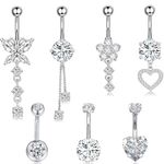 EOAMGO Belly Button Bars, Silver Belly Button Piercing Kit, Surgical Stainless Steel Belly Bars, Long Dangly Belly Button Bars and Short Small Belly Bar, 6 Pcs 16G Floating Navel Piercing Jewelry