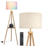 OUTON Tripod Floor Lamp with Shelves, Dimmable Wood RGB Floor Lamp Works with Alexa Google Home, 16 Million DIY Colors, Standing Tall Lamp with Linen Shade for Living Room, Bedroom, Nature Wood