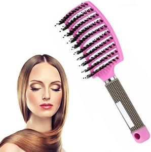 Boar Bristle Hair Brush, MH MOIHSING Curved & Vented & Fast Dry Detangling Hair Brush for Men Girls Women Wet, Long, Thick, Curly and Tangled Head Massage Hair Styling Hair Blow Drying Brush, Pink