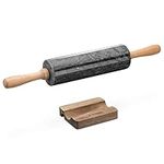 Navaris Marble Rolling Pin and Stand - Set Includes Marble Rolling Pin with Wood Handles and Stand - 8 inch Long Roller Pin for Baking, Dough - Black