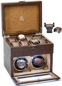 M Mirage Luxury Travel Automatic Watch Winder Box for Men - Dual 2 Watch Winder Slot and 8 Watches Storage - Coffee Brown Swiss-Motif Designed