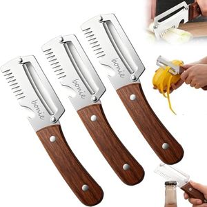 Multi-Functional Stainless Steel Thickened Fruit Peeler Knife, 2026 New 3 in 1 Stainless Steel Blade Peeler for Kitchen with Wooden Handle and Bottle Opener for Vegetable & Fruit (Deep Brown, 3PCS)