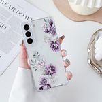 DEFBSC Soft Case Compatible with Samsung Galaxy S22 5G, Clear Floral Flower Pattern Print Design Flexible TPU Shockproof Cover for Women Girls,Flower Protective Phone Case, Purple Peony