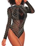 MAYFASEY Women Sexy Mesh Long Sleeve Rhinestone Leotard Top Jumpsuits Clubwear Bodysuit, Black, M