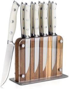 Alata 8-Piece White Steak Knives Set with Acacia Wood Block and Acrylic Panels, 4.7 Inch with Serrated Edge Razor-Sharp Dinner Knives, Full-Tang Construction