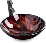 Artistic Vessel Sink Bathroom Tempered Glass Vanity Round Bowl with Oil Rubber Bronze Faucet and Pop up Drain Combo, Flame Red